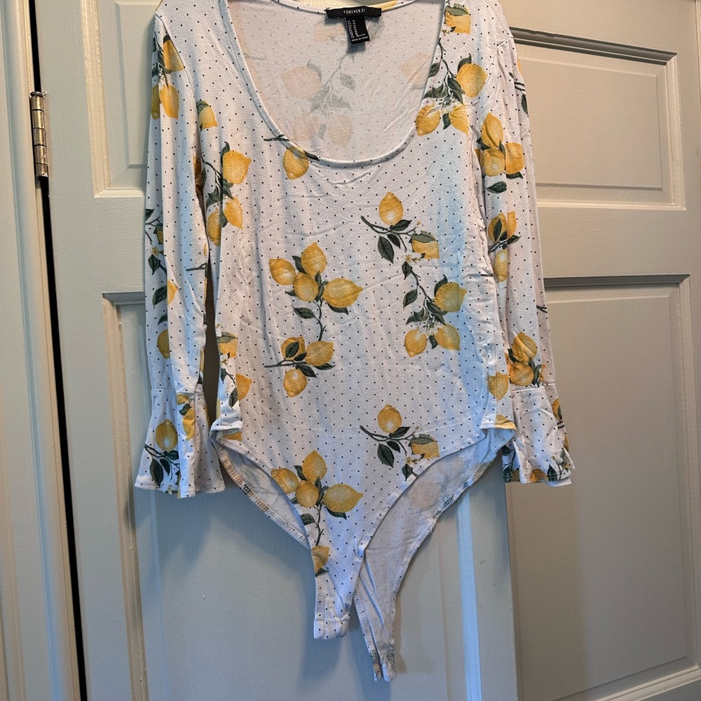 Forever 21 Lemon Print Bodysuit - White and Yellow